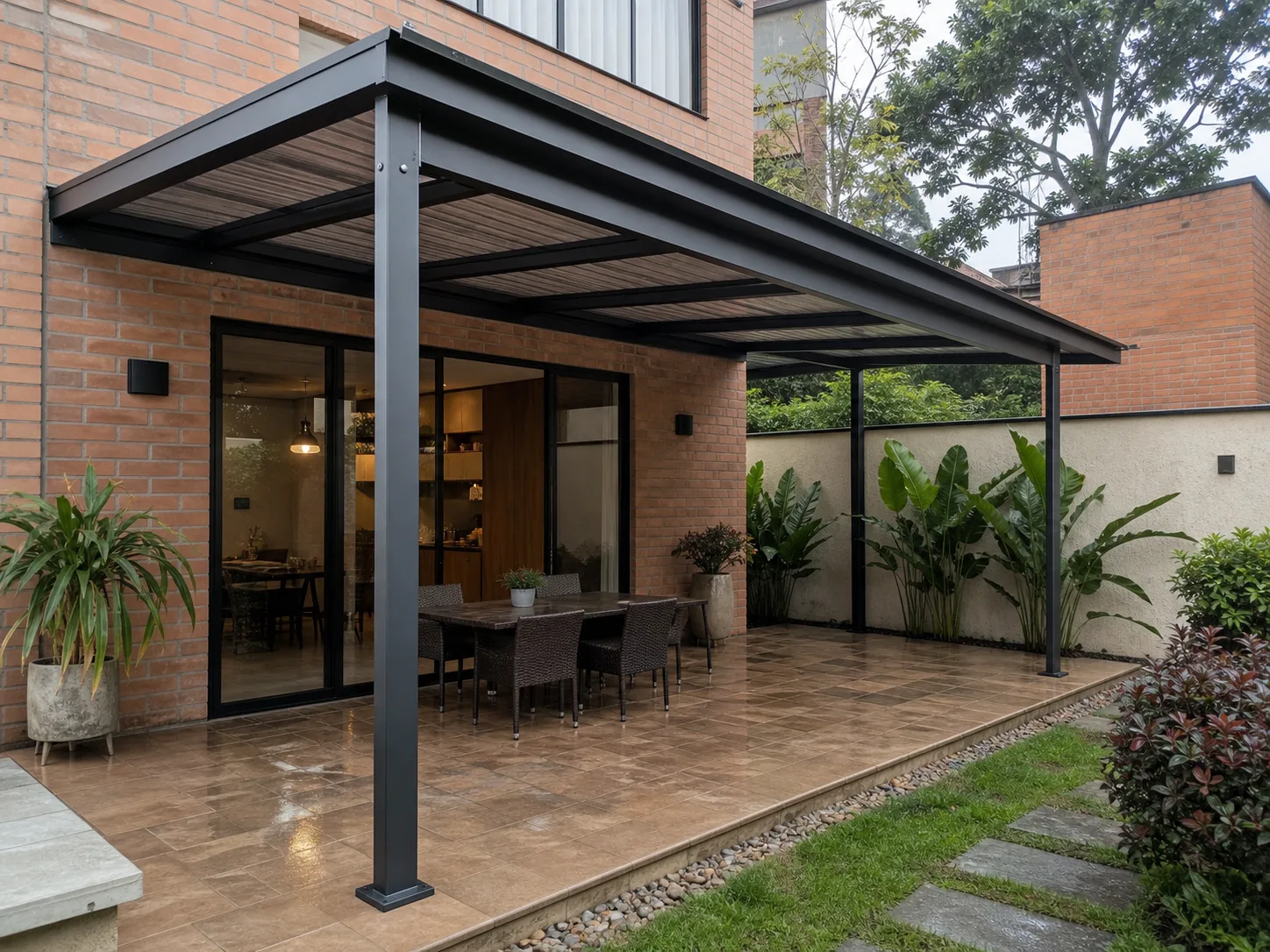 Estructura de pérgola metálica negra instalada en un patio residencial de Medellín