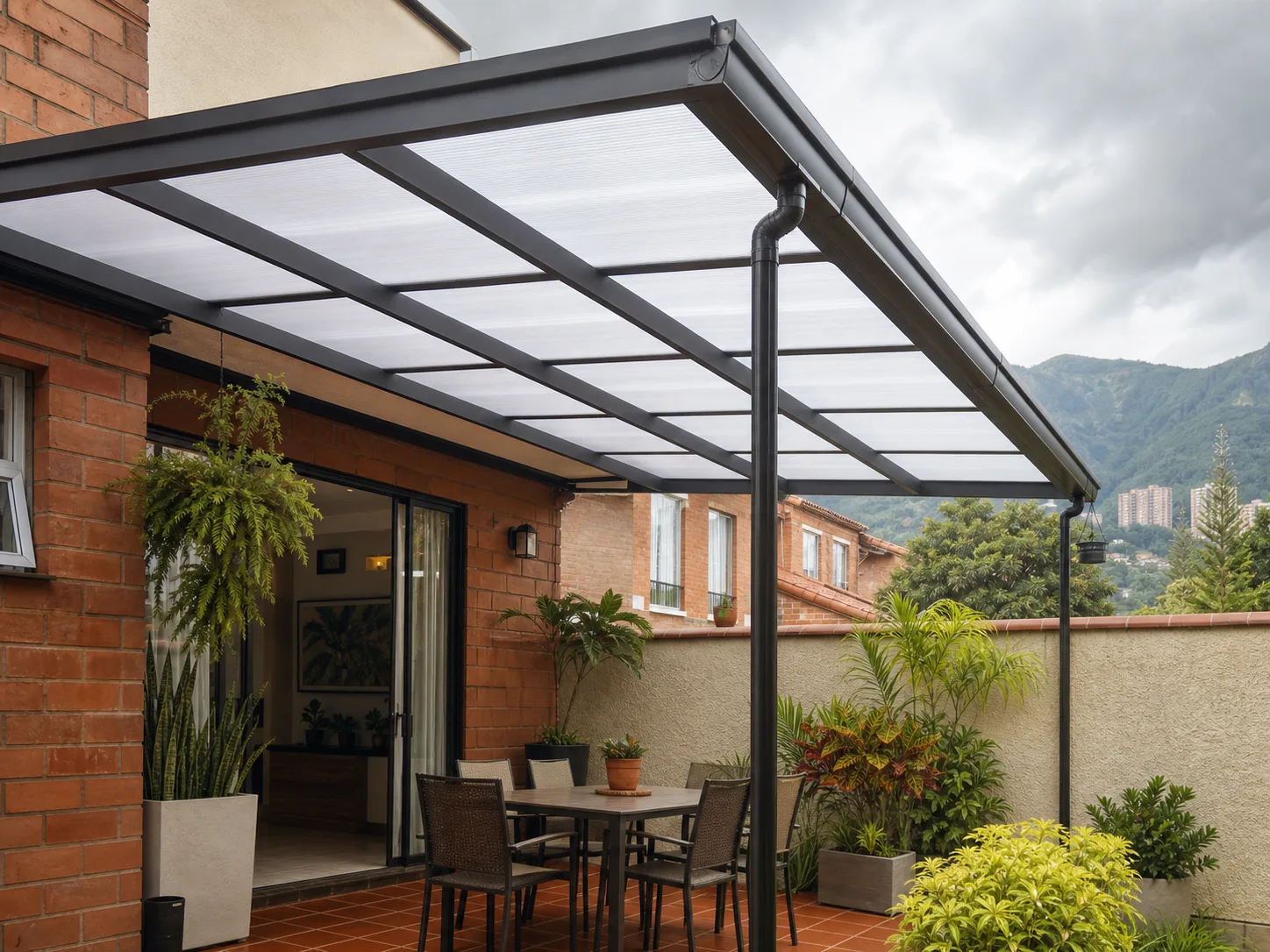 Cubierta de policarbonato para terraza en Medellín Cubierta translúcida de policarbonato sobre una pérgola metálica en una terraza de Medellín