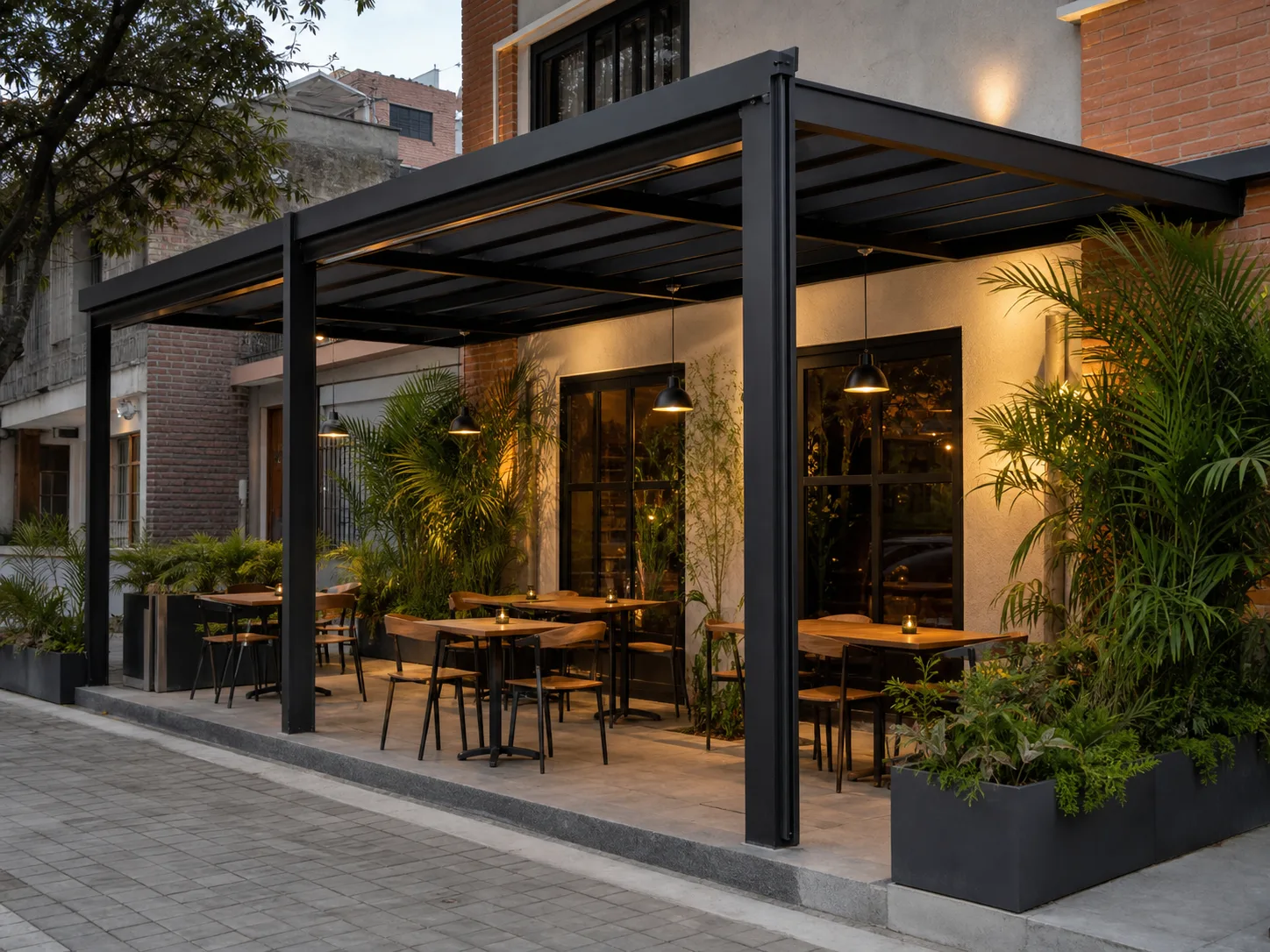 Referencia visual de una pérgola metálica para la terraza de un restaurante en el Valle de Aburrá