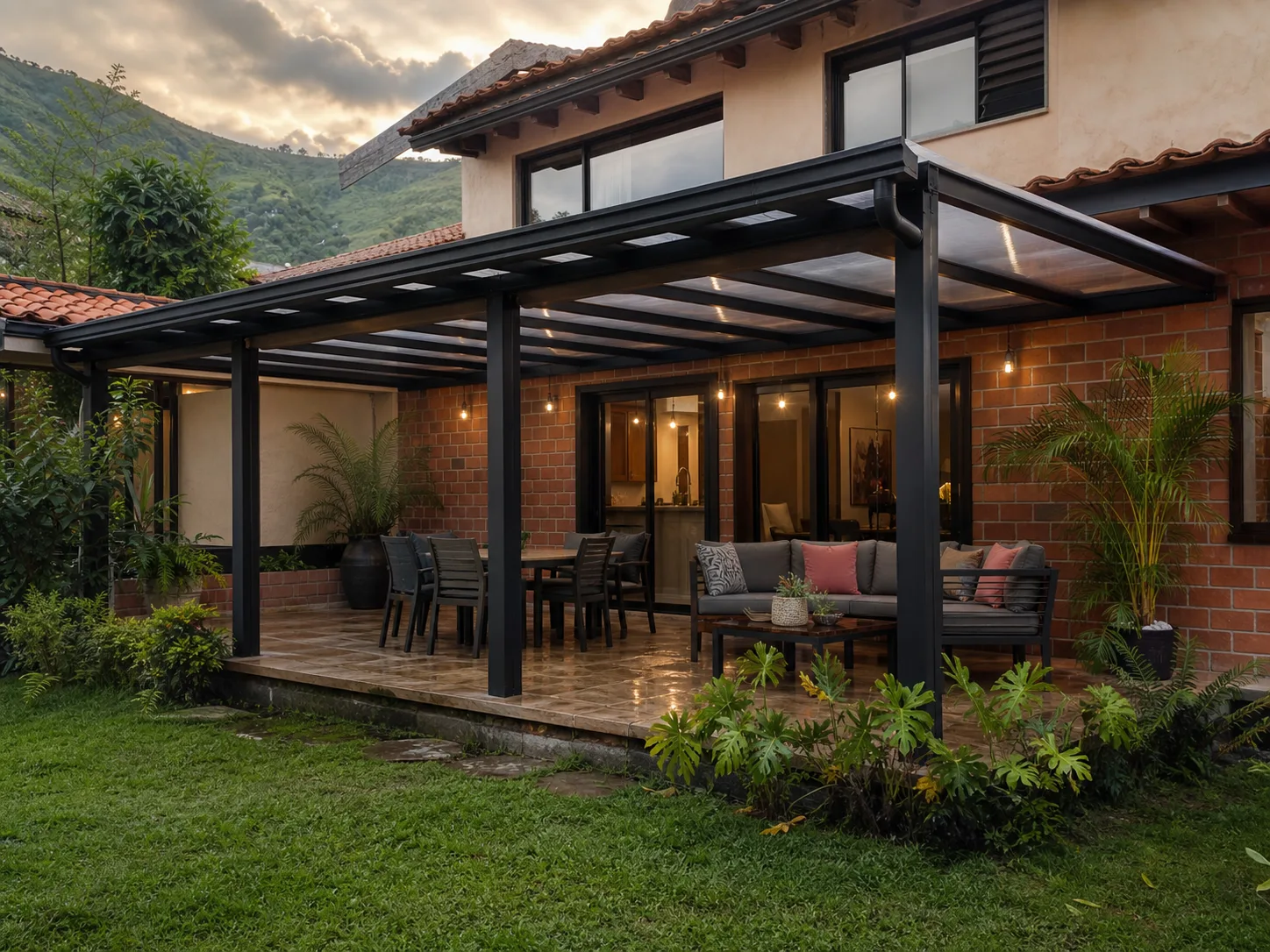 Referencia visual de una terraza residencial en Envigado cubierta con pérgola metálica